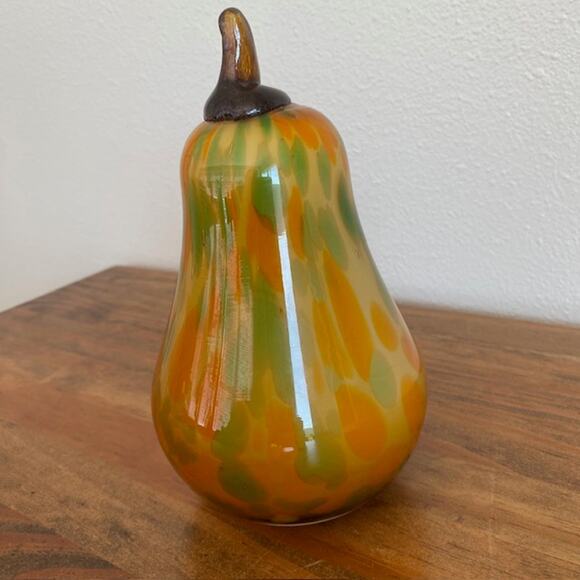 Murano Style Orange Yellow and Green Blown Glass Pear - Fall - Picture 2 of 7